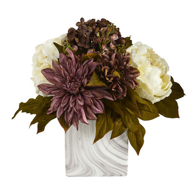 13” Peony, Hydrangea and Dahlia Artificial Arrangement in Marble Finished Vase Default Title