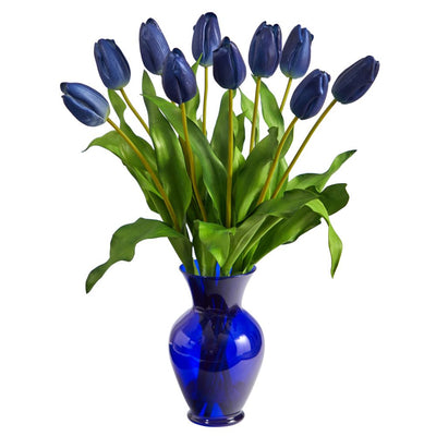 22” Dutch Tulip Artificial Arrangement in Blue Colored Vase Default Title