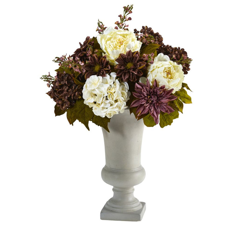 27” Peony, Hydrangea and Dahlia Artificial Arrangement in Sand Colored Urn Default Title