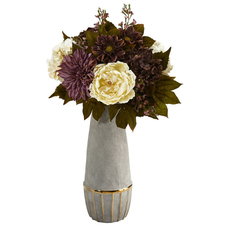 24” Peony, Hydrangea and Dahlia Artificial Arrangement in Stoneware Vase with Gold Trimming Default Title