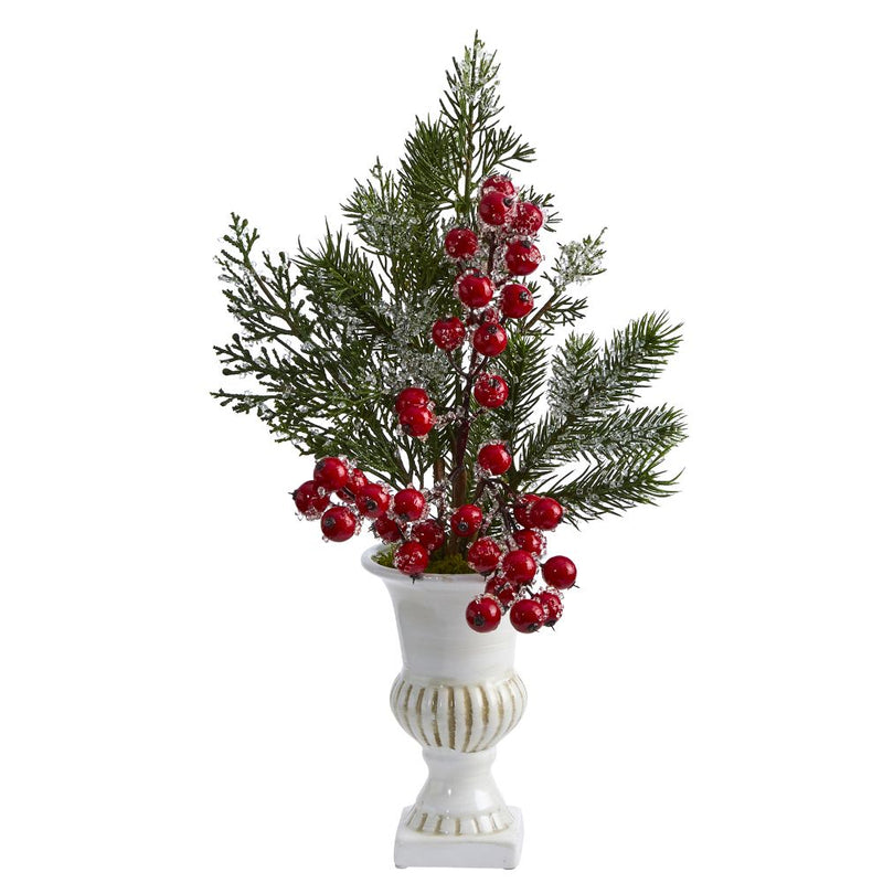 19” Iced Pine and Berries Artificial Arrangement in White Urn Default Title