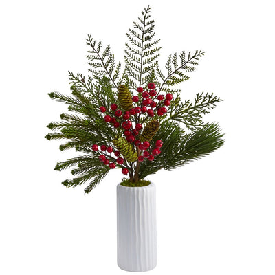 23” Mixed Pine, Pinecone and Berry Artificial Arrangement in White Vase Default Title