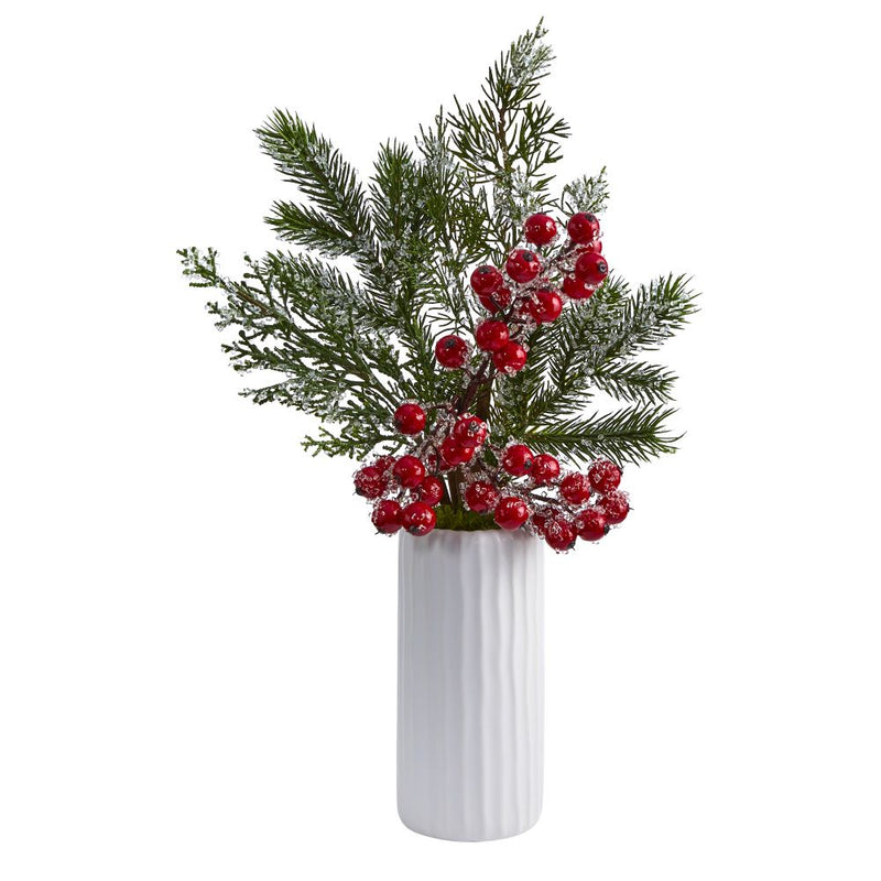 19” Iced Pine and Berries Artificial Arrangement in White Vase Default Title