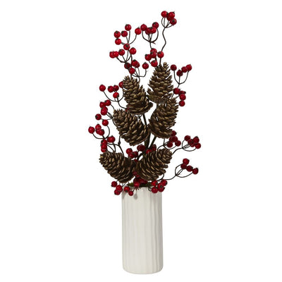 23” Pinecone and Berries Artificial Arrangement in White Vase Default Title