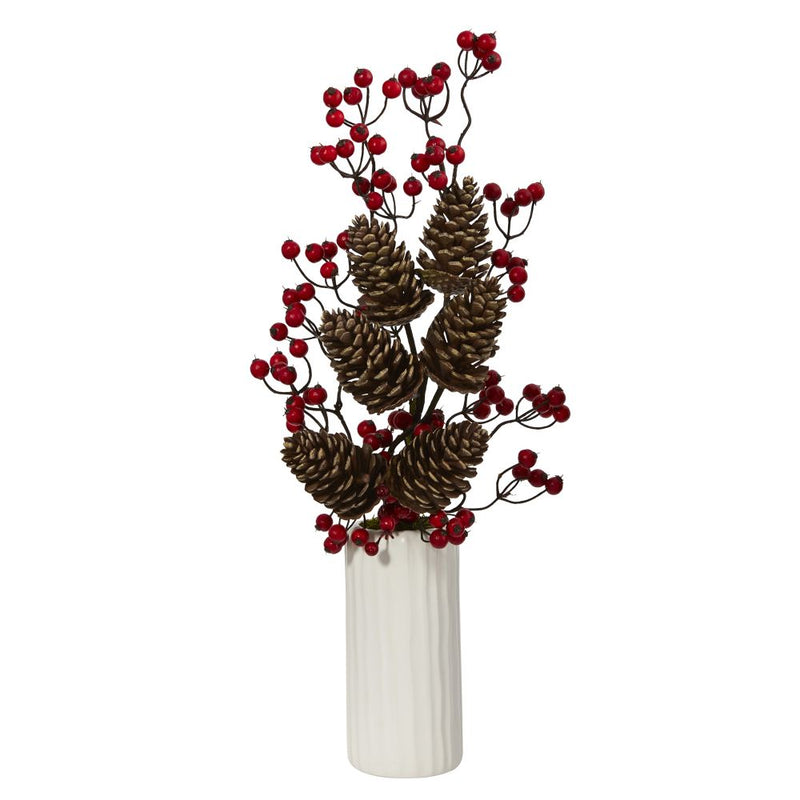 23” Pinecone and Berries Artificial Arrangement in White Vase Default Title