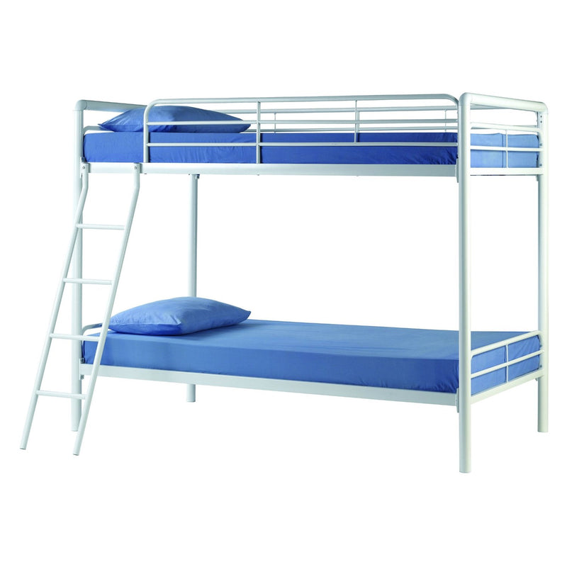 Twin over Twin Bunk Bed with Ladder in White Metal Finish