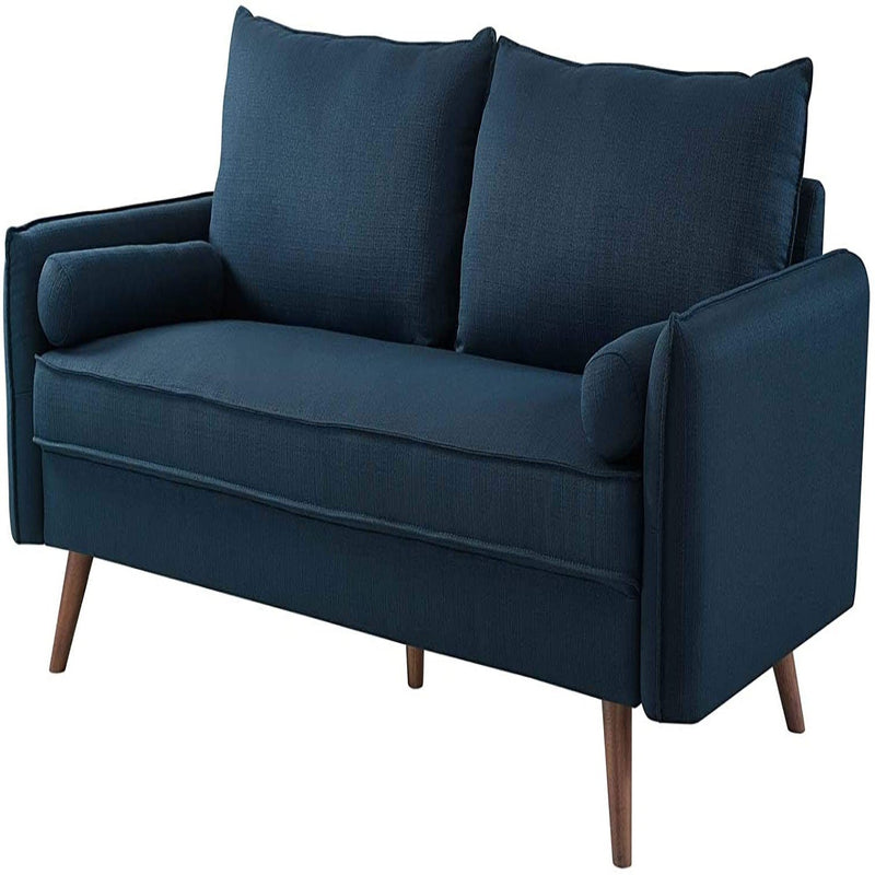 Modern Mid-Century Style Sofa Couch with Wooden Legs in Dark Blue Azure Fabric