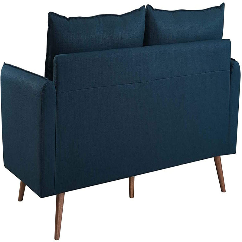 Modern Mid-Century Style Sofa Couch with Wooden Legs in Dark Blue Azure Fabric