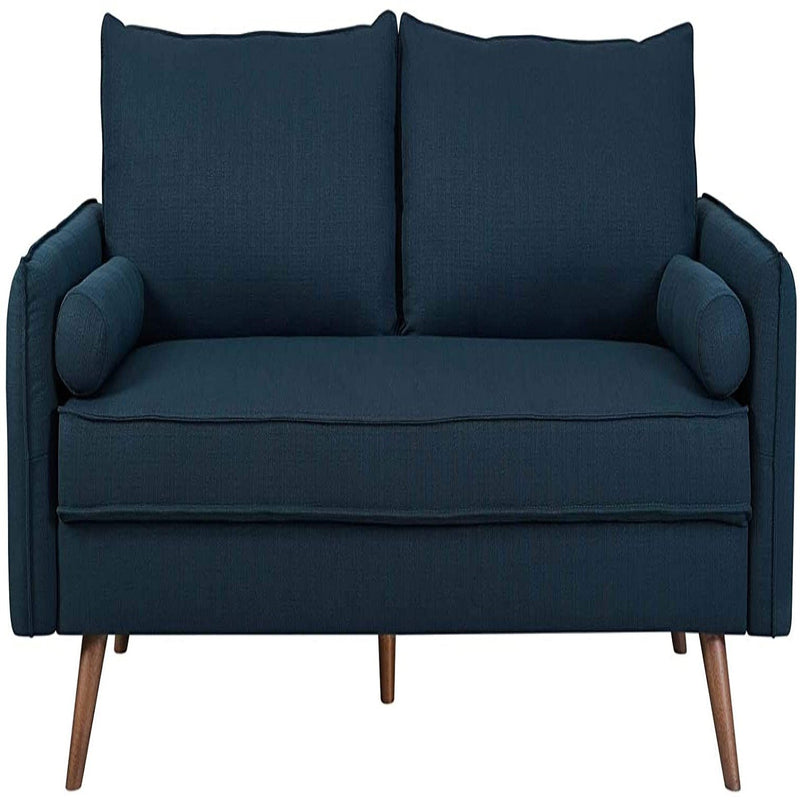 Modern Mid-Century Style Sofa Couch with Wooden Legs in Dark Blue Azure Fabric