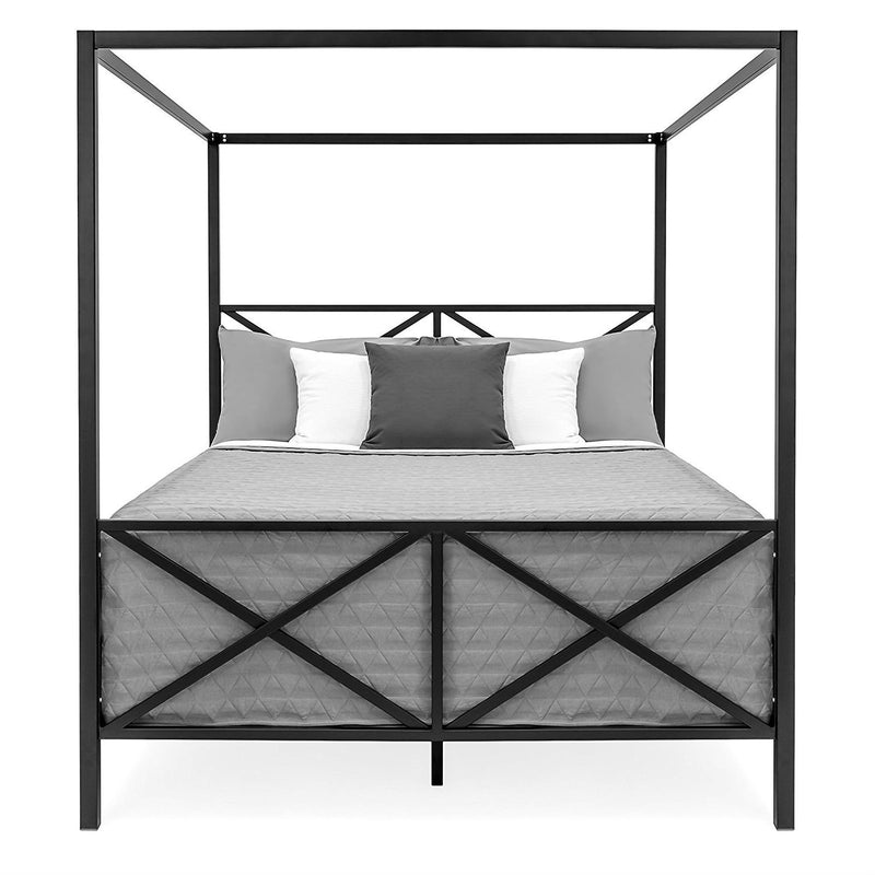 Queen size Modern Industrial Style Canopy Bed Frame in Black Metal Finish