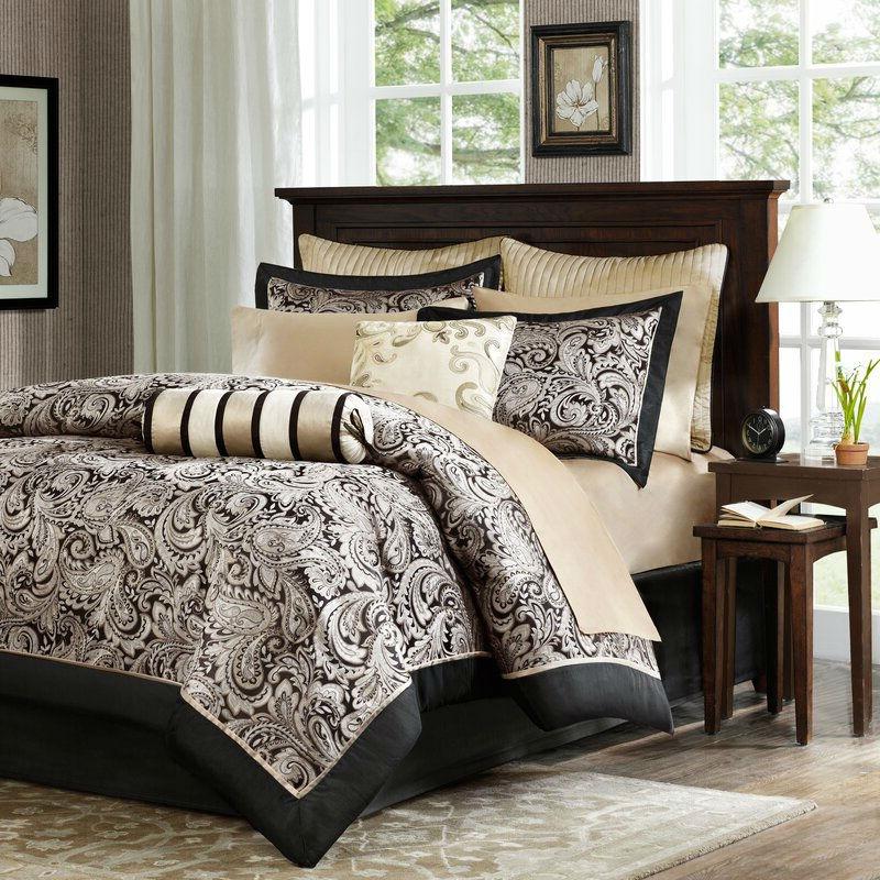 Queen size Cotton 12-Piece Reversible Paisley Comforter Set in Black Gold