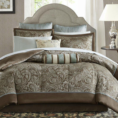 King size 12-piece Reversible Cotton Comforter Set in Brown and Blue