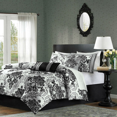 Queen size 7-Piece Damask Comforter Set in Black White Grey