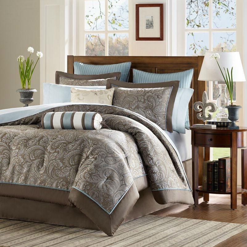 Queen size 12-piece Reversible Cotton Comforter Set in Brown and Blue