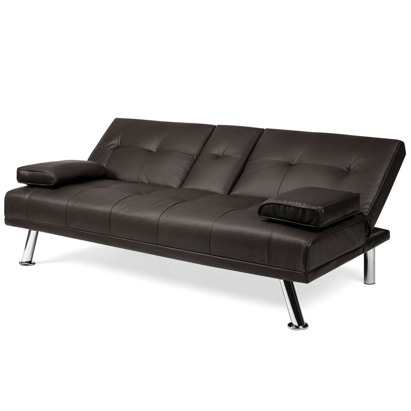 Brown Faux Leather Convertible Sofa Futon with 2 Cup Holders