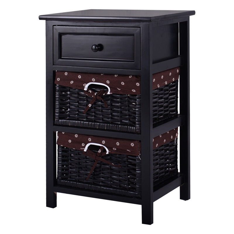 Black Wood 1-Drawer End Table Nightstand with 2 Storage Baskets