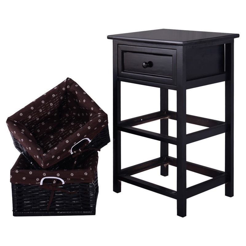 Black Wood 1-Drawer End Table Nightstand with 2 Storage Baskets