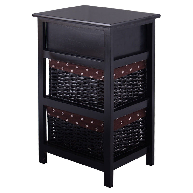 Black Wood 1-Drawer End Table Nightstand with 2 Storage Baskets