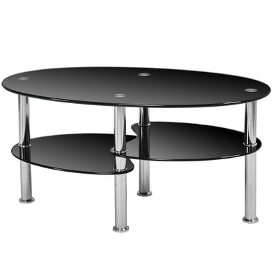 Modern Black Tempered Glass Coffee Table with Bottom Shelf