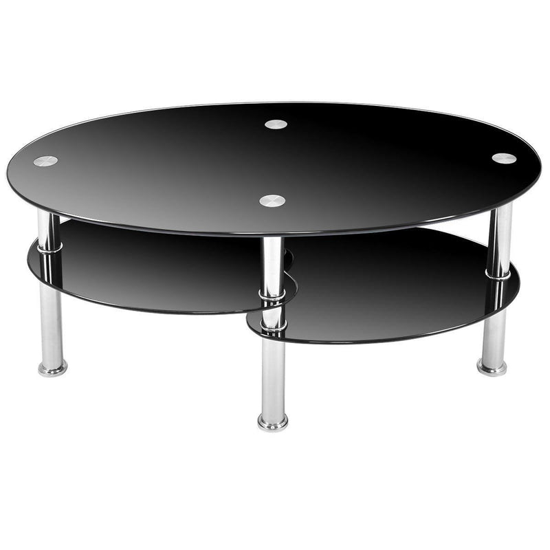 Modern Black Tempered Glass Coffee Table with Bottom Shelf