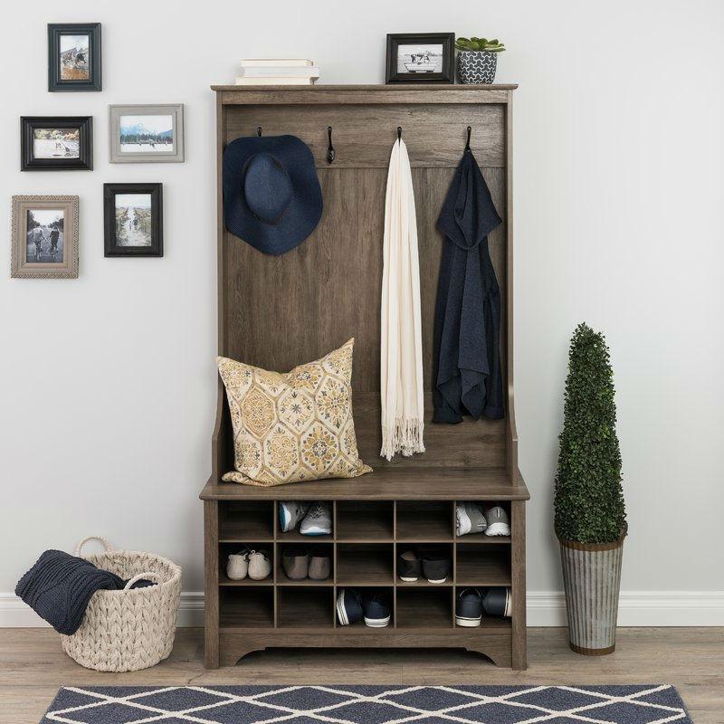 Grey Entryway Hall Tree Shoe Cubbie Coat Rack