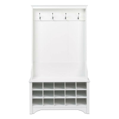 White Entryway Hall Tree Shoe Cubbie Coat Rack