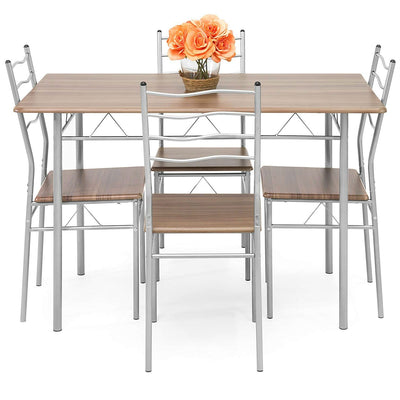 5-Piece Wooden Kitchen Table Dining Set with Metal Legs, 4 Chairs, Brown/Silver