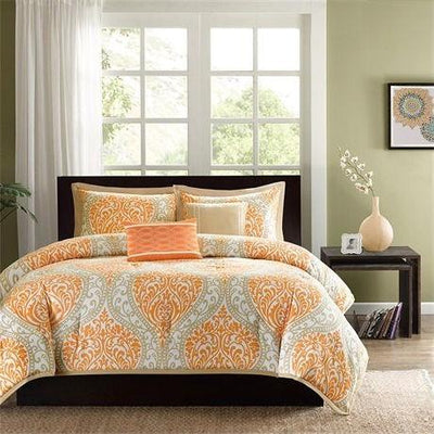 Full size Orange Damask Comforter Set with 2 Shams and 2 Decorative Pillows