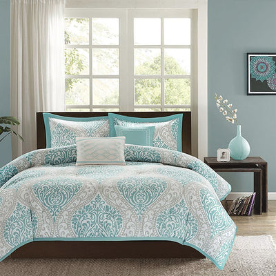 Full / Queen size 5-Piece Damask Comforter Set in Light Blue White and Grey