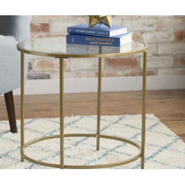 Round Glass Top End Table Nightstand with Gold Metal Frame