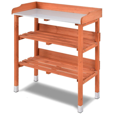 Outdoor Garden Wood Potting Bench Storage Shelf with Metal Top