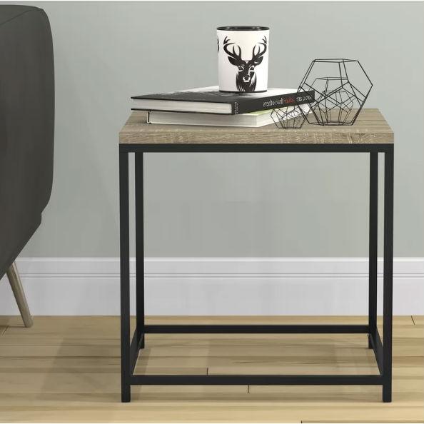 Modern Metal Frame End Table Nightstand with Taupe Finish Wood Top Side Table