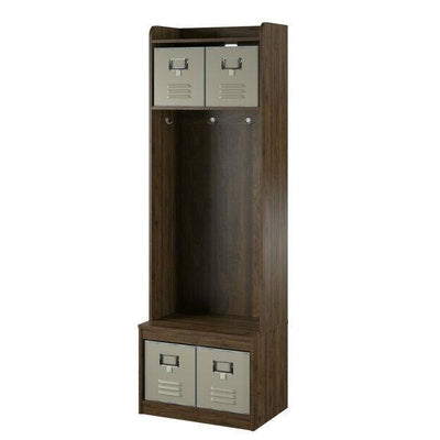 Walnut Locker Coat Rack Entryway Hall Tree with 4 Storage Cubes