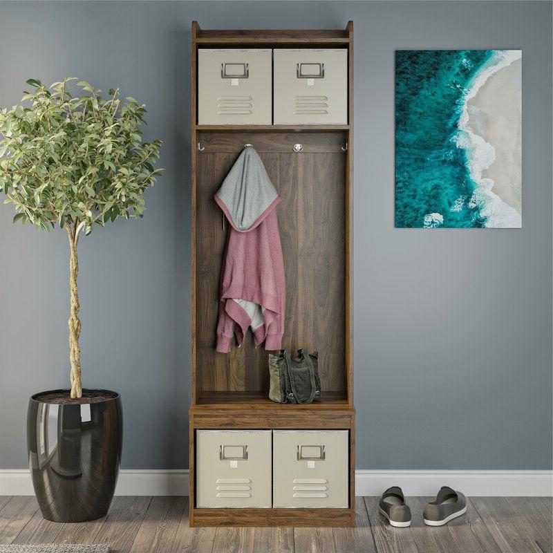 Walnut Locker Coat Rack Entryway Hall Tree with 4 Storage Cubes