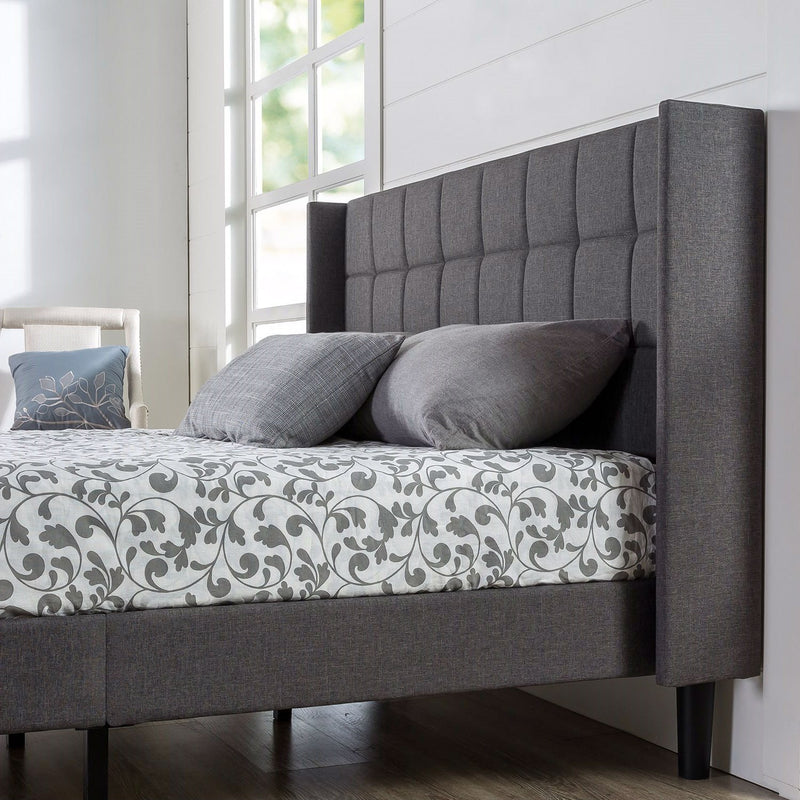 King Grey Upholstered Mid-Century Modern Platform Bed with Wingback Headboard