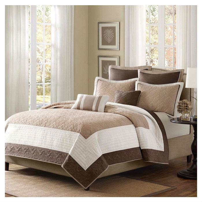 King Brown Ivory Tan Cream 7 Piece Quilt Coverlet Bedspread Set