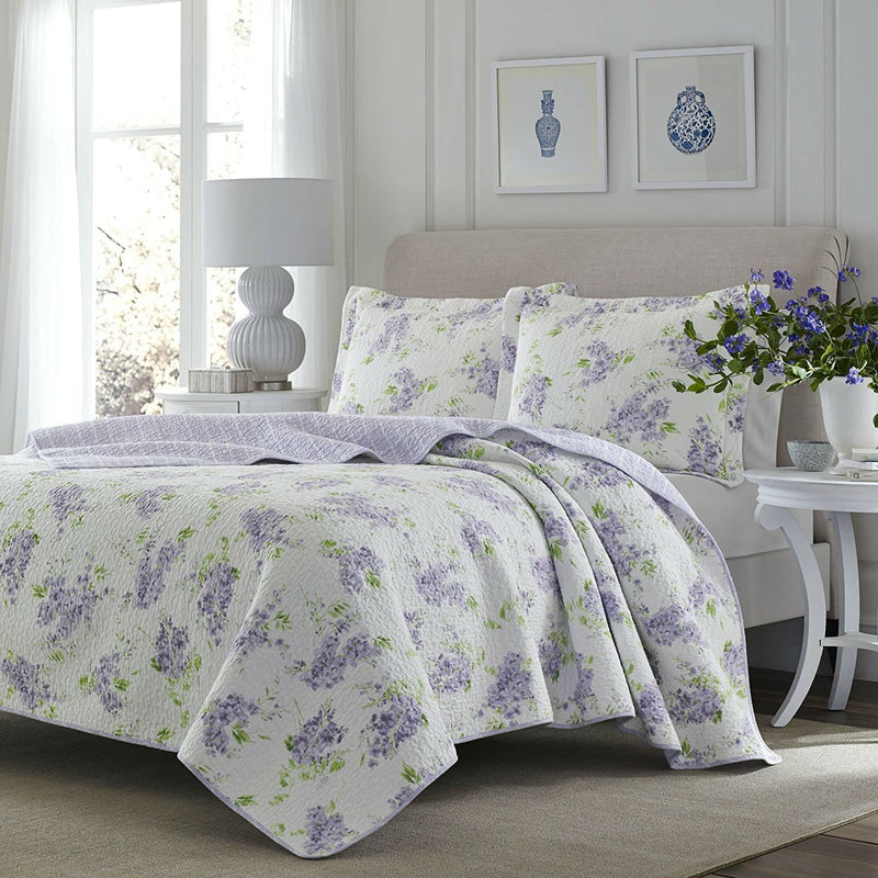 King size 3-Piece Cotton Quilt Set with Purple White Floral Pattern