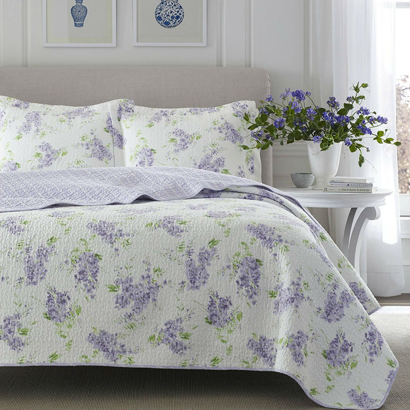 King size 3-Piece Cotton Quilt Set with Purple White Floral Pattern