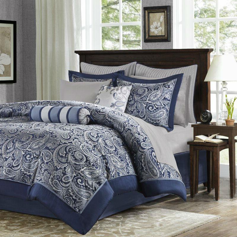 Queen size 12-piece Reversible Cotton Comforter Set in Navy Blue and White