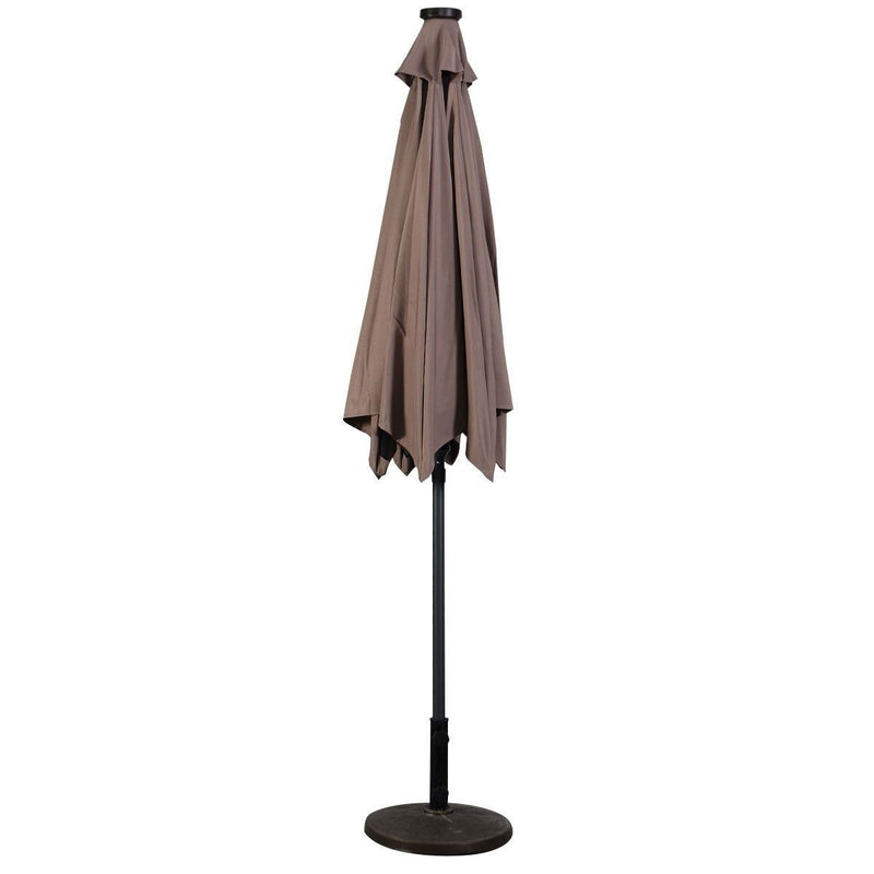 Tan 9-Ft Patio Umbrella with Steel Pole Crank Tilt and Solar LED Lights