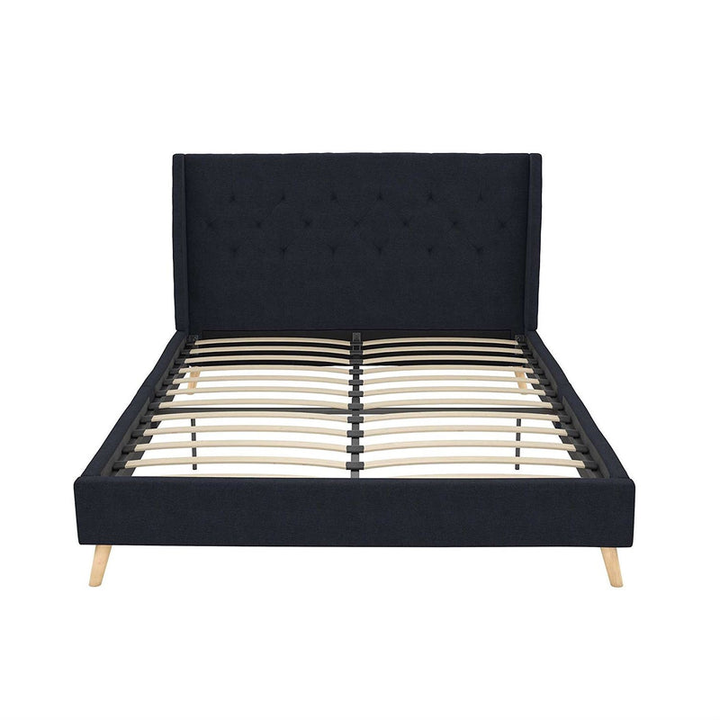 Queen Navy Blue Linen Upholstered Mid-Century Platform Bed with Wingback Headboard