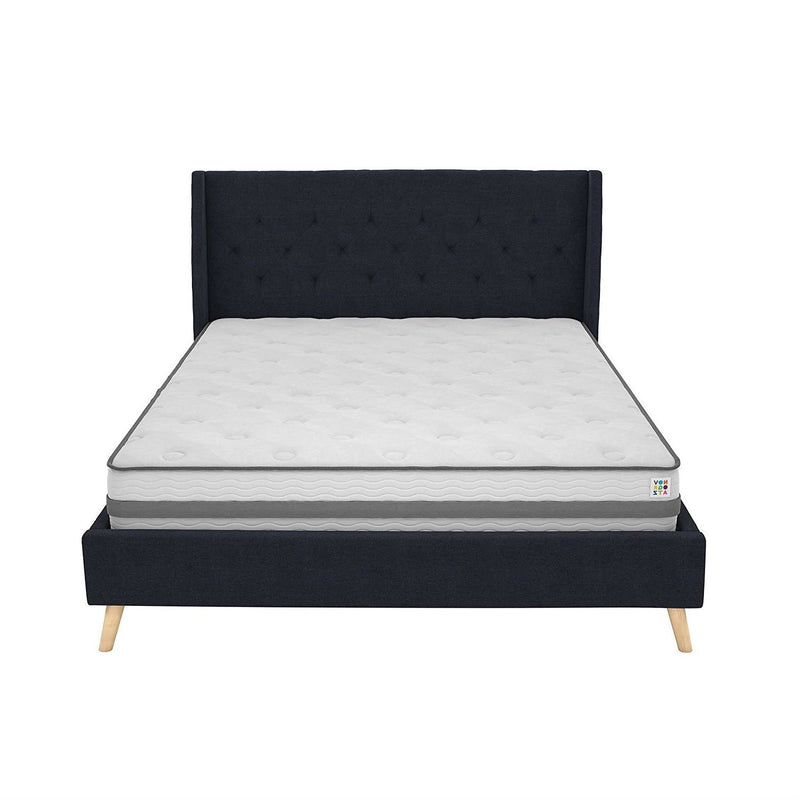 Queen Navy Blue Linen Upholstered Mid-Century Platform Bed with Wingback Headboard