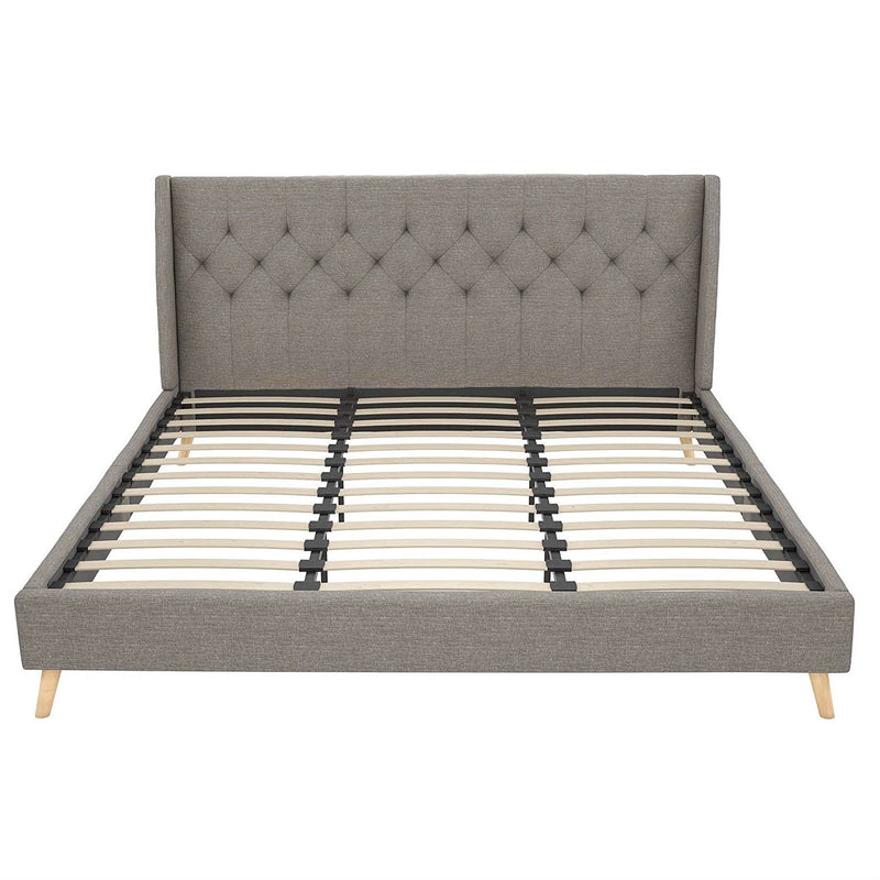 King Grey Linen Upholstered Wing-Back Platform Bed Mid-Century Style