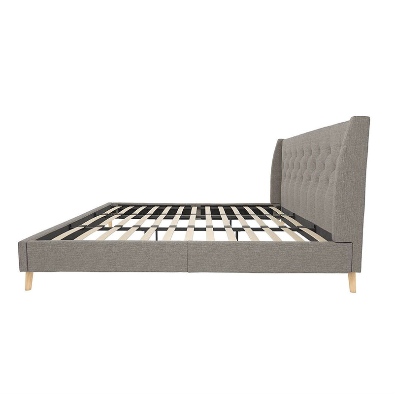 King Grey Linen Upholstered Wing-Back Platform Bed Mid-Century Style