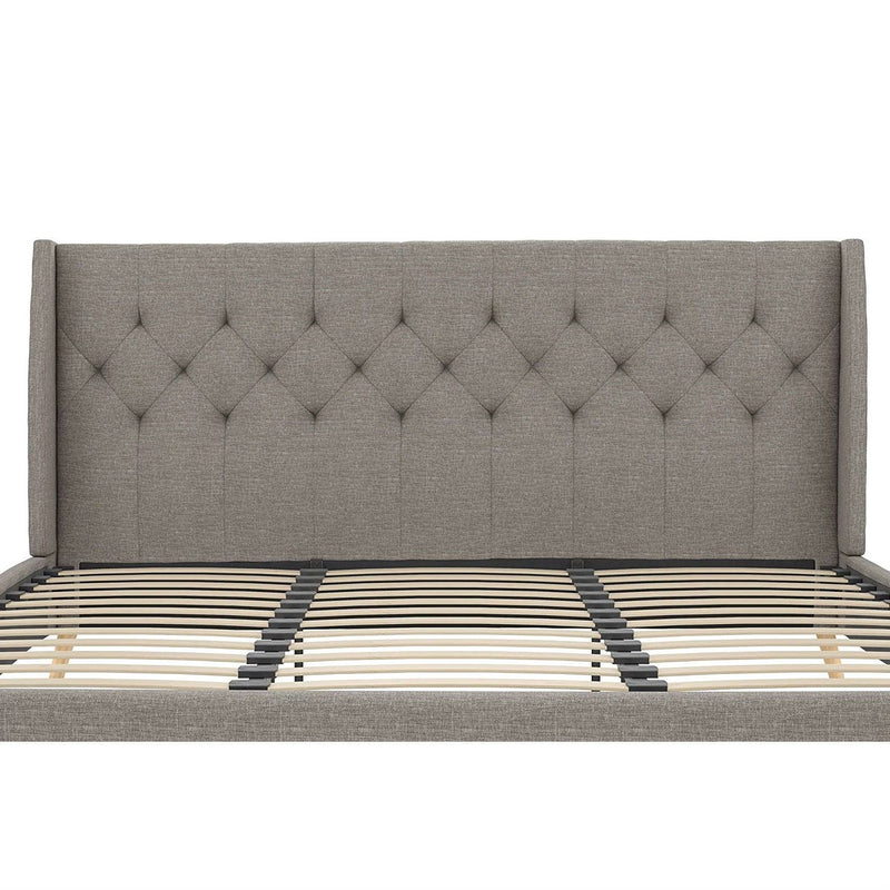 King Grey Linen Upholstered Wing-Back Platform Bed Mid-Century Style