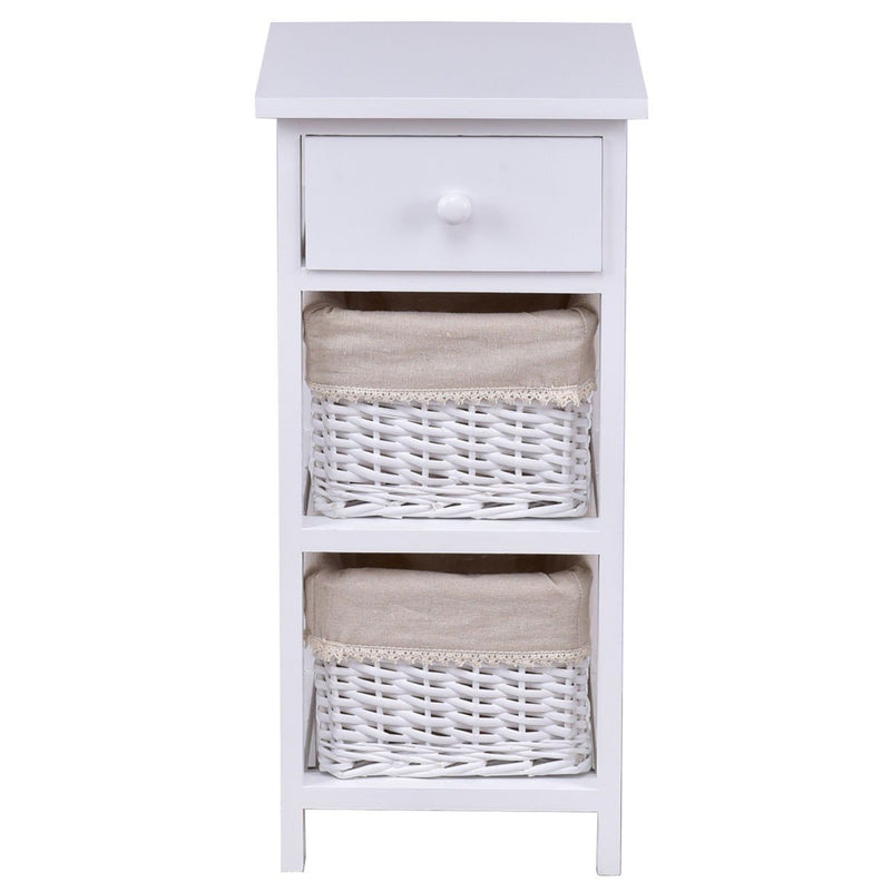 White Wood 1-Drawer End Table Nightstand with 2 Wicker Baskets