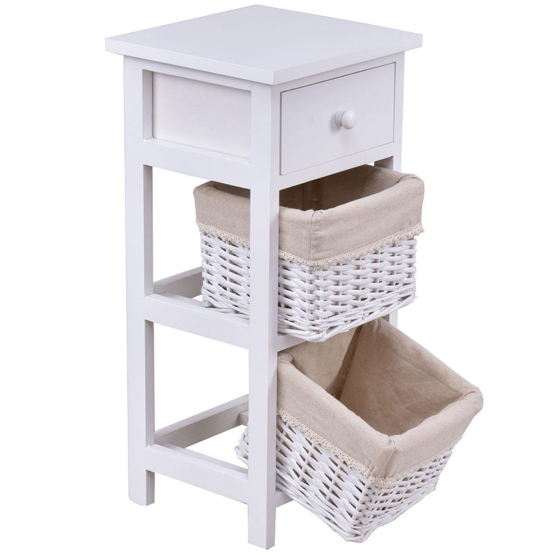 White Wood 1-Drawer End Table Nightstand with 2 Wicker Baskets