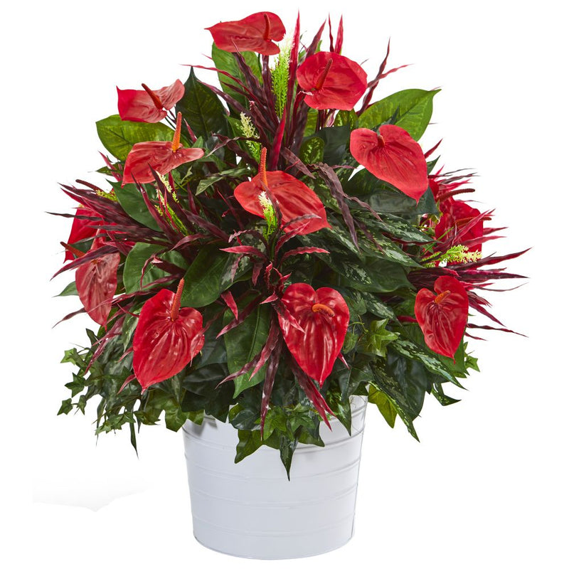 29” Mixed Anthurium Artificial Plant in White Tin Planter Default Title