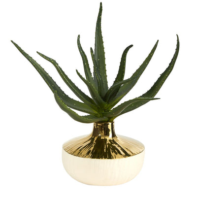 12” Aloe Succulent Artificial Plant in Gold and Cream Elegant Planter Default Title