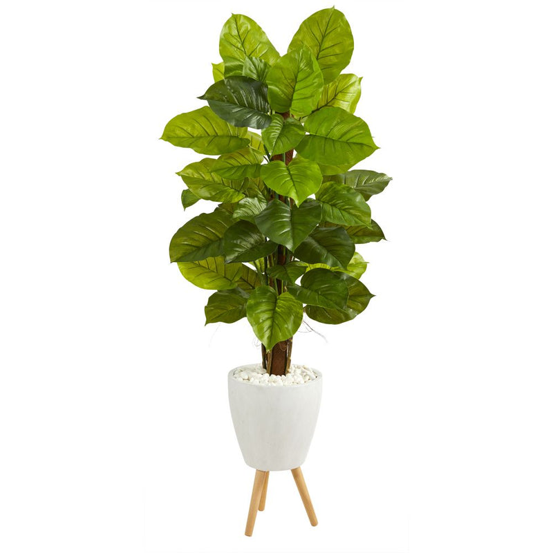 60” Large Leaf Philodendron Artificial Plant in White Planter with Stand (Real Touch) Default Title